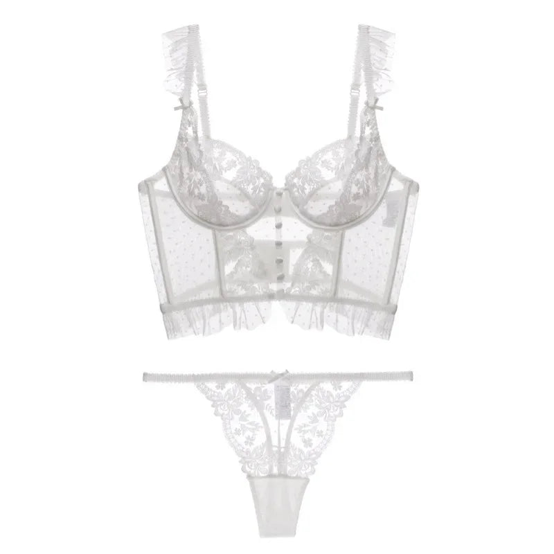 French Sexy Ultra Thin Underwear Women Lace Embroidery Flowers Bra Set Breathable Body Shap Bras and Thongs Sets Lingerie
