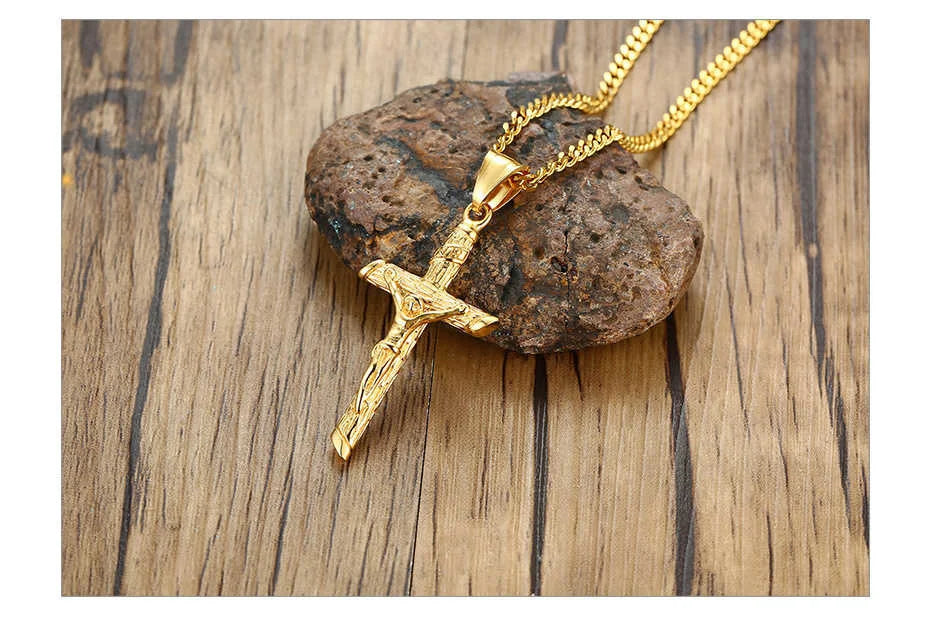 Vnox Cross Necklace for Men Women,Catholicism Jesus Pendant,Gold Color Stainless Steel Unisex Collar,Church Prayer Faith Jewelry