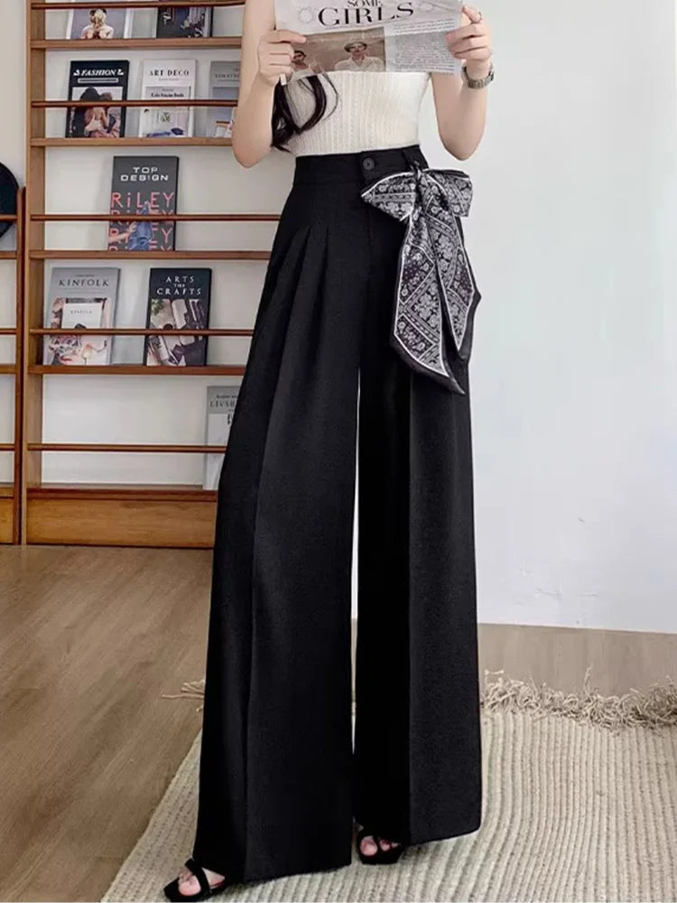 Zoki Chic Lace Up Suit Wide Leg Pant Women Elegant Loose High Waist Bow Trousers Korean Fashion Female Casual Sweet Pants New