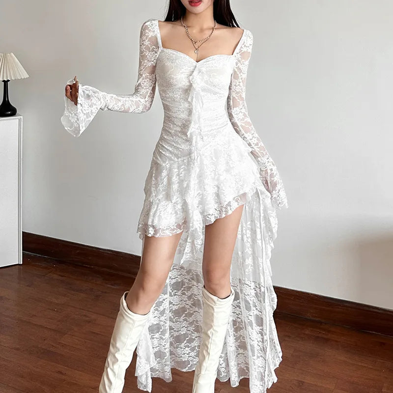 AltGoth Mall Goth Fairycore Dress Women Vintage Aesthetic Elegant Sweet Sexy See Through Irregular Hem High Waist Corset Dress