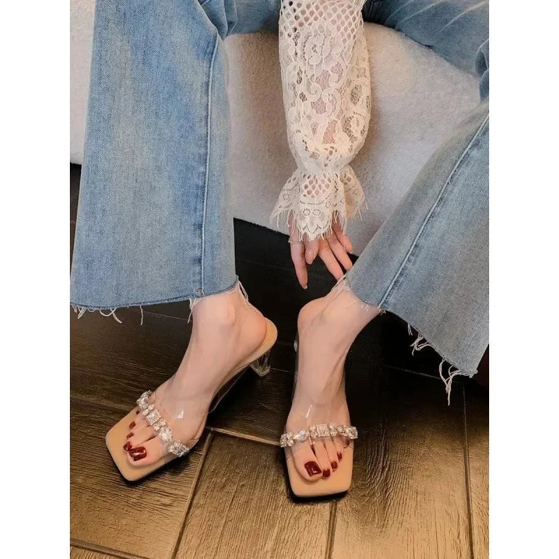 Transparent Crystal Sandals Women's Mid Heel High Heels Summer New Outdoor Wear Diamond Studded Fashionable Rubber Sole