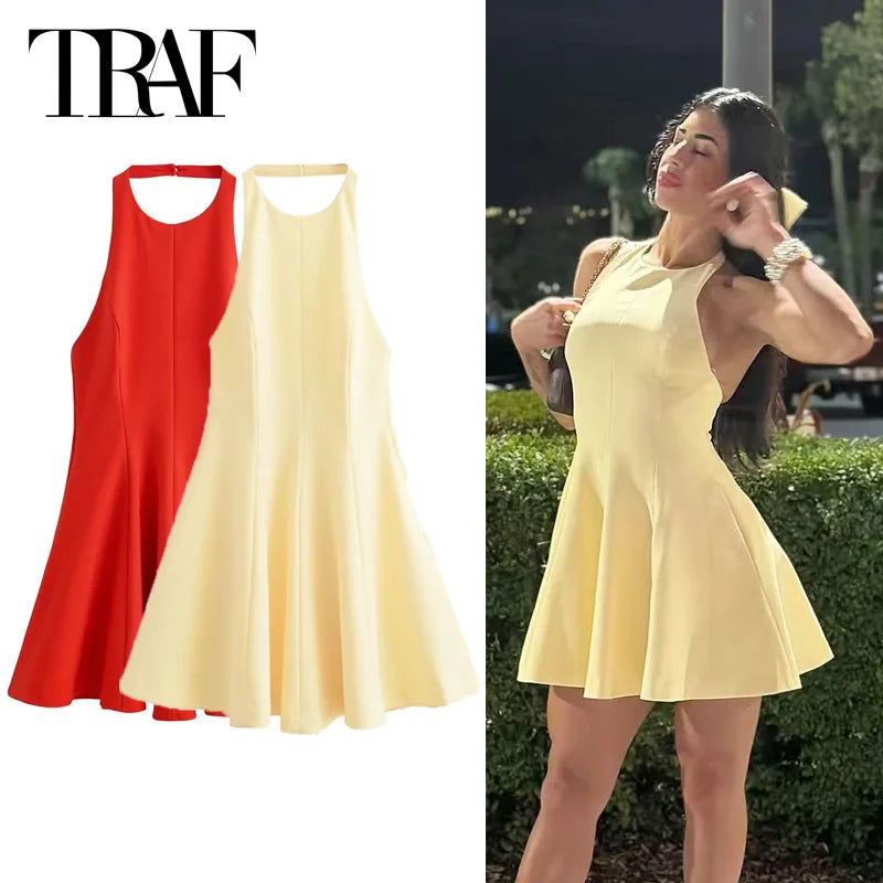 TRAF Halter Short Dress Womens Dresses Red Yellow Dress Woman Summer 2025 Ruffled Backless Sleeveless Vestidos Elegant Dress 066
