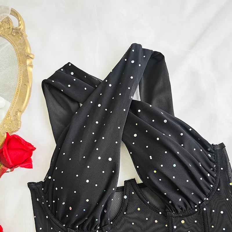 Sexy Black Cut Out Cross Wide Strap Bodysuit Women Lace Patchwork Body Suit Tops