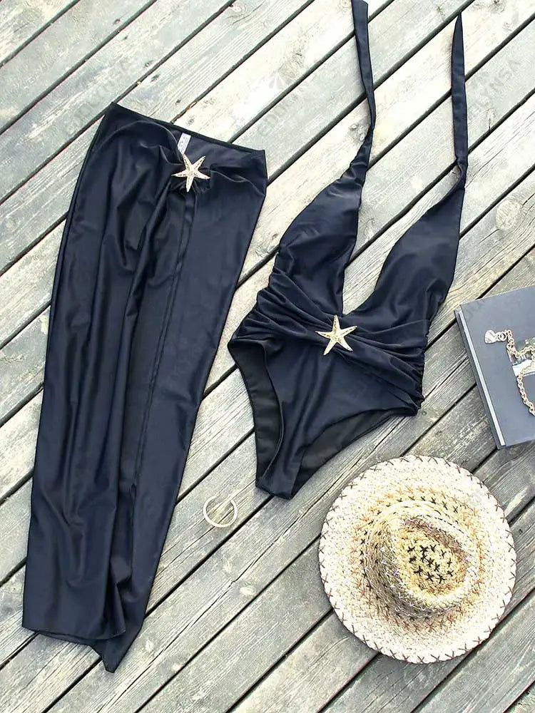 2 Piece Swimsuits for Elegant Women Starfish One Piece Bathing Suits with High Split Skirt Cover ups Sexy Halter Bikini Sets K59