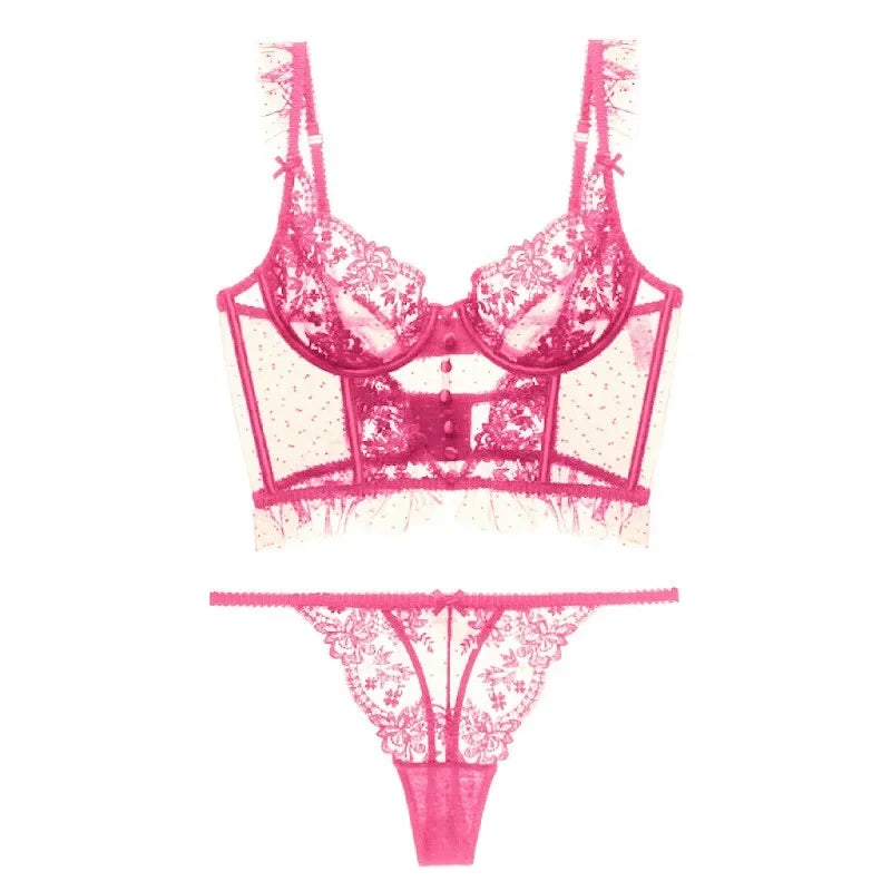 French Sexy Ultra Thin Underwear Women Lace Embroidery Flowers Bra Set Breathable Body Shap Bras and Thongs Sets Lingerie