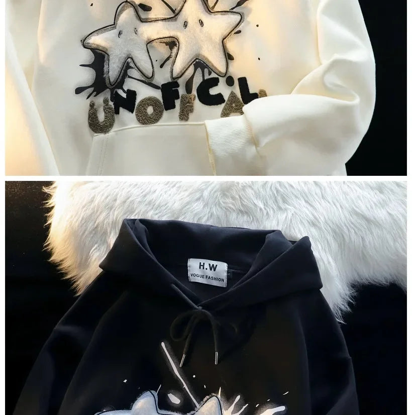 American Style Street Flocking Star Hooded Sweatshirt For Men Women Couple Loose Fit Oversize Spring Autumn Thin Jacket