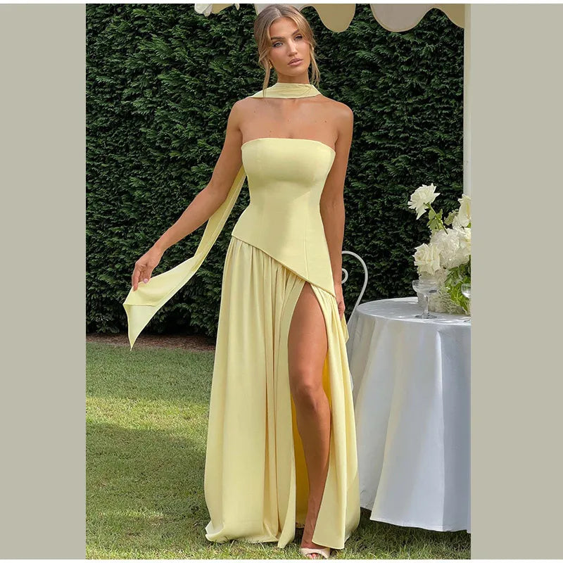 Butter Yellow Scarf Neck Split Long Dress Women Elegant Strapless Slim Fit High Waist Vestidos 2025 Lady Evening Party Gowns New