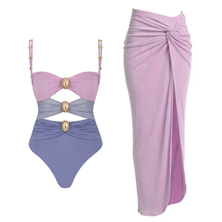2024 New Off Shoulder Bow Tie One Piece Swimsuit Set Summer Swimwear Women Beachwear Luxury Bathing Suit