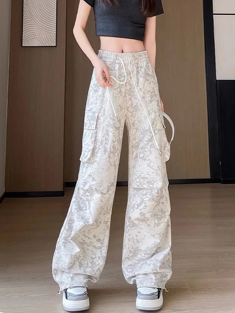 Zoki Tie Dye Streetwear Cargo Pant Women Vintage Loose High Waist Y2K Trousers Harajuku American Casual Summer Bf Wide Leg Pants