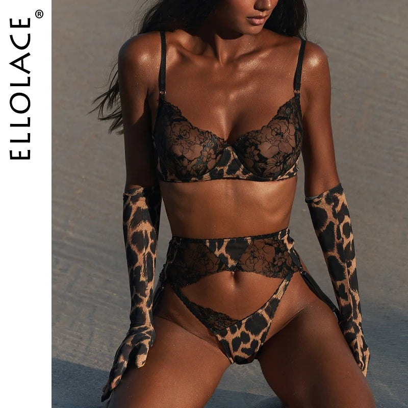 Ellolace Leopard Costume For Women Lingerie Ultra Sexy Lace Patchwork Intimate Sexy Complete with Gloves Stocking Underwear