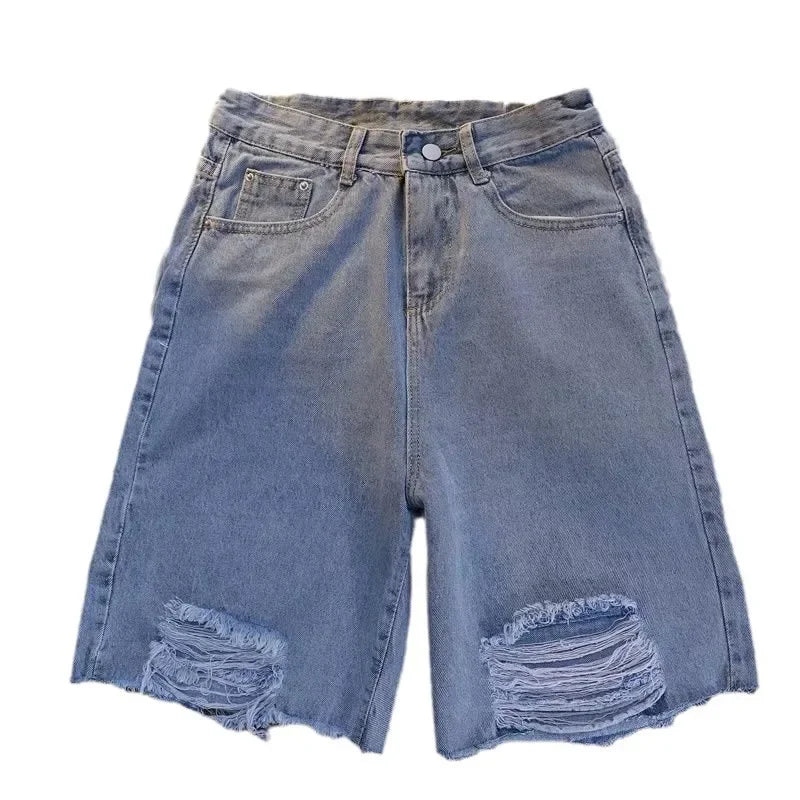Design Sensibility Denim Cotton Shorts 2023 Summer Petite Straight-Leg Medium Length Wide Leg Casual Style Women's Trousers