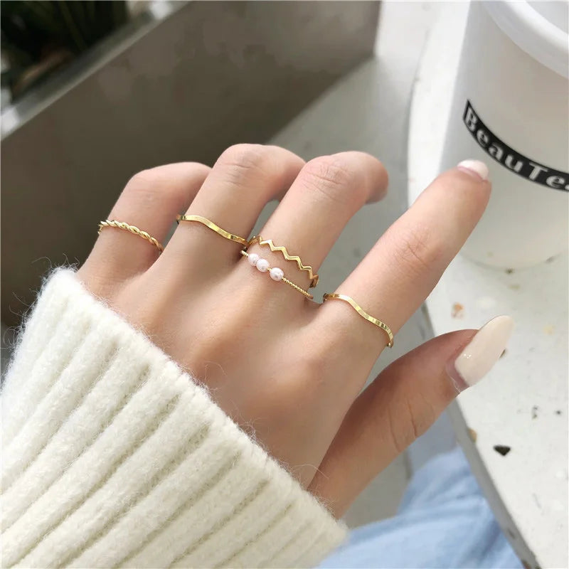 Vintage Shiny Zircon Butterfly Heart Ring Set Gold Color Boho Elegant Eyes Moon Geometric Rings Women Party Jewelry