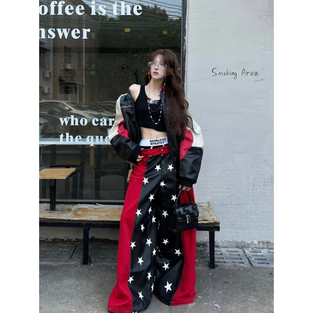 2025 Fall Winter Y2K Sweet Grunge Star Print PU Leather Patchwork Jeans Women Oversized Baggy Streetwear Wide Leg Pants