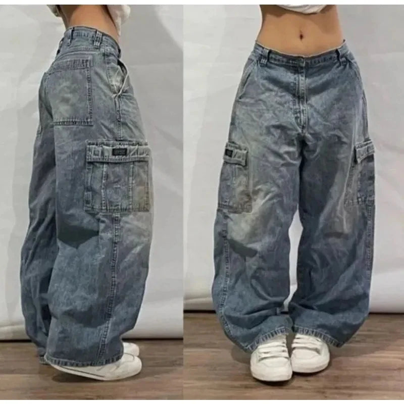 American New Fashion Letter Embroidery Stitching Old Baggy Jeans Women Y2K Harajuku  Popular High Waist Wide Leg Trousers