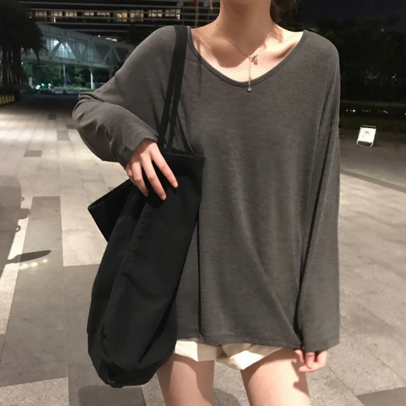 Pure Color V-neck Long Sleeve T-shirt Women Spring Summer Women Clothing Loose Student Early Autumn Top