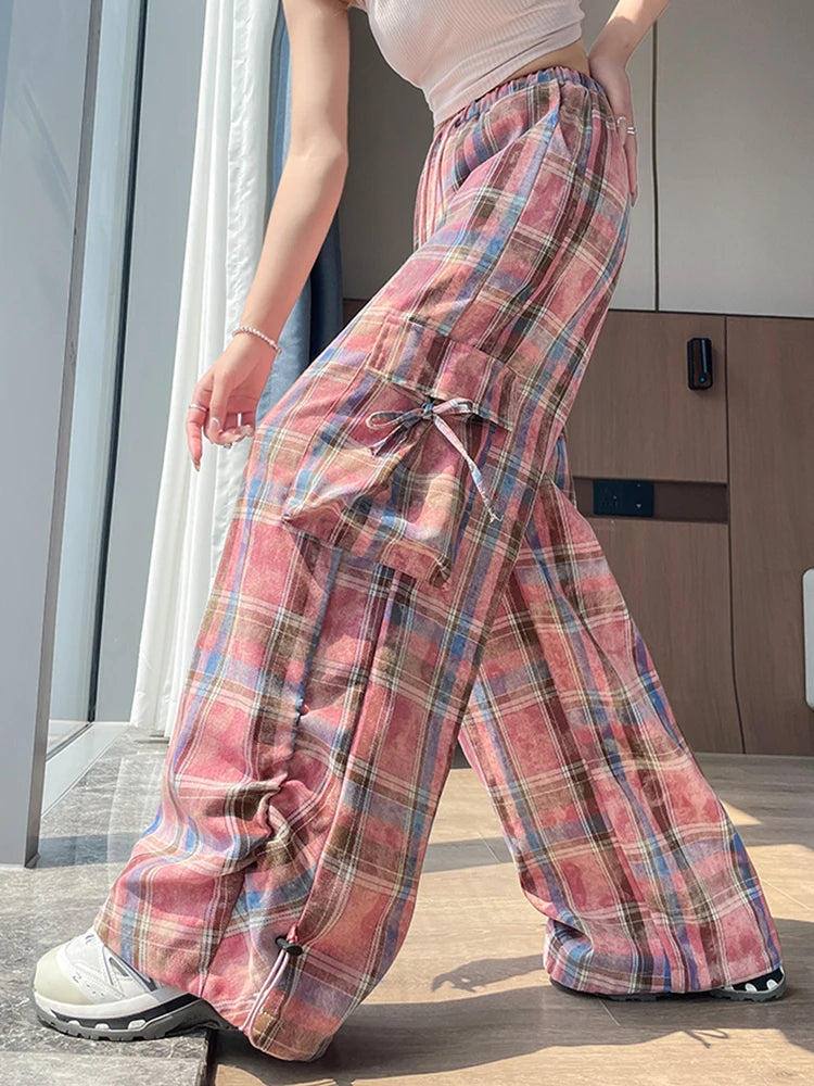 Zoki Women Streetwear Plaid Cargo Pant Vintage Loose High Waist Pockets Trousers Y2K American Casual Hip Hop Lace Up Bf Pants