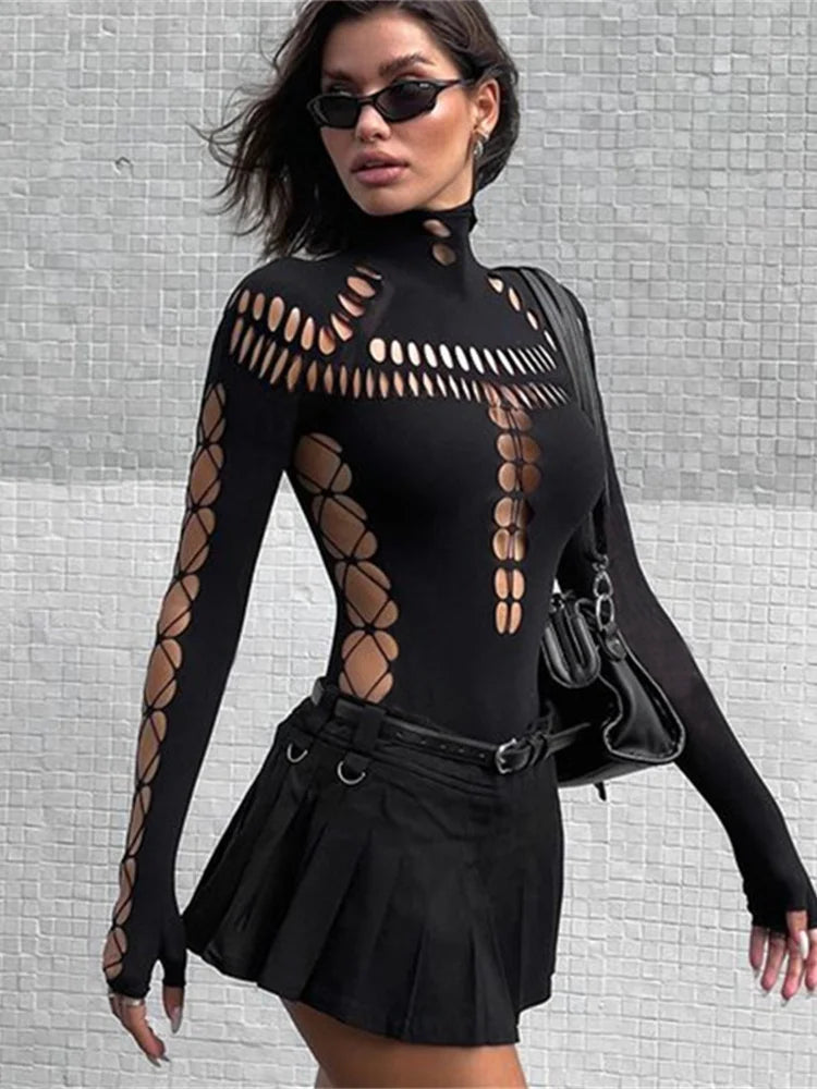 nibber Hollow Out Women Bodysuit Criss-Cross Full Sleeve Autumn Trend Skinny Sexy Solid Rave Party Club Streetwear Y2K Outfit