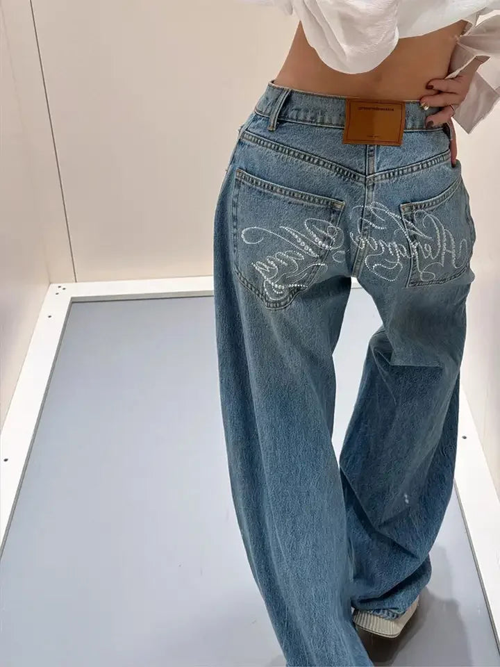 Letter Print High Waited Jeans Woman Street Harajuku Vintage Y2k Pants Women Trousers Casual Wide-leg Baggy Jeans Women