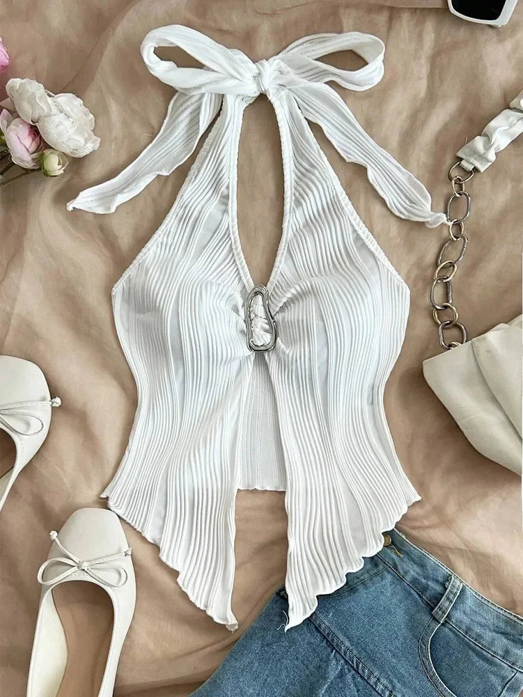 Sexy V-neck Halter Neck Crop Top for Women Summer Sleeveless Solid Split Backless Top Y2K Clothes