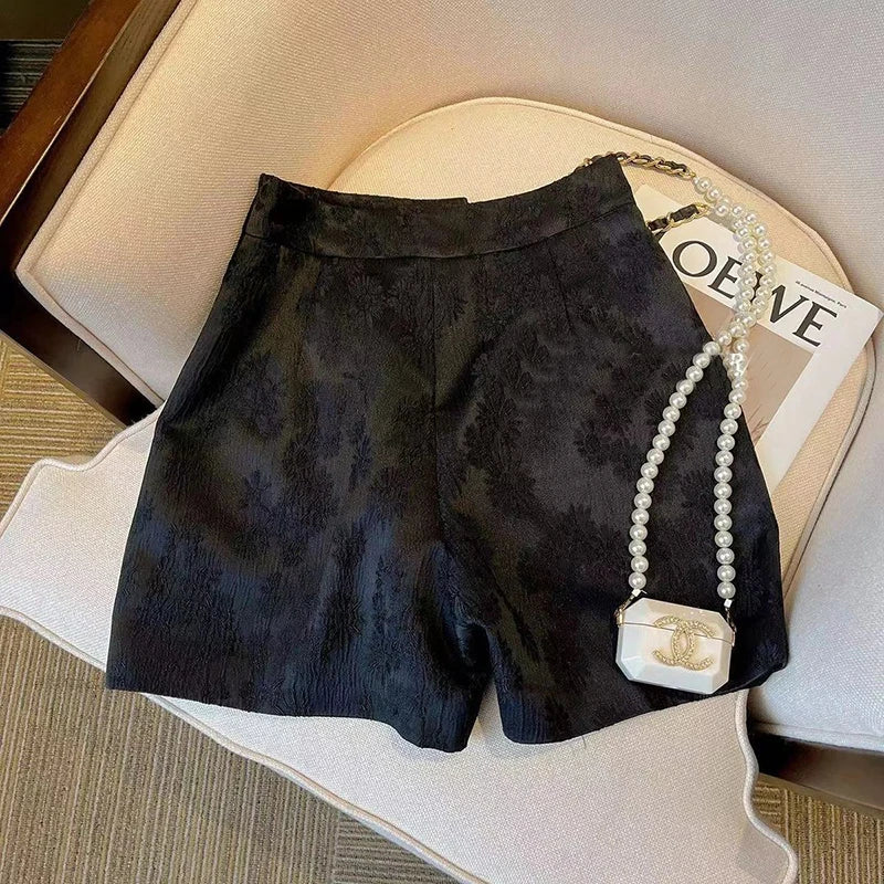 Vintage Jacquard Shorts Women Black Chic Harajuku High Waist Casual Straight Shorts Summer Elegant Pleated A Line Shorts New Ins