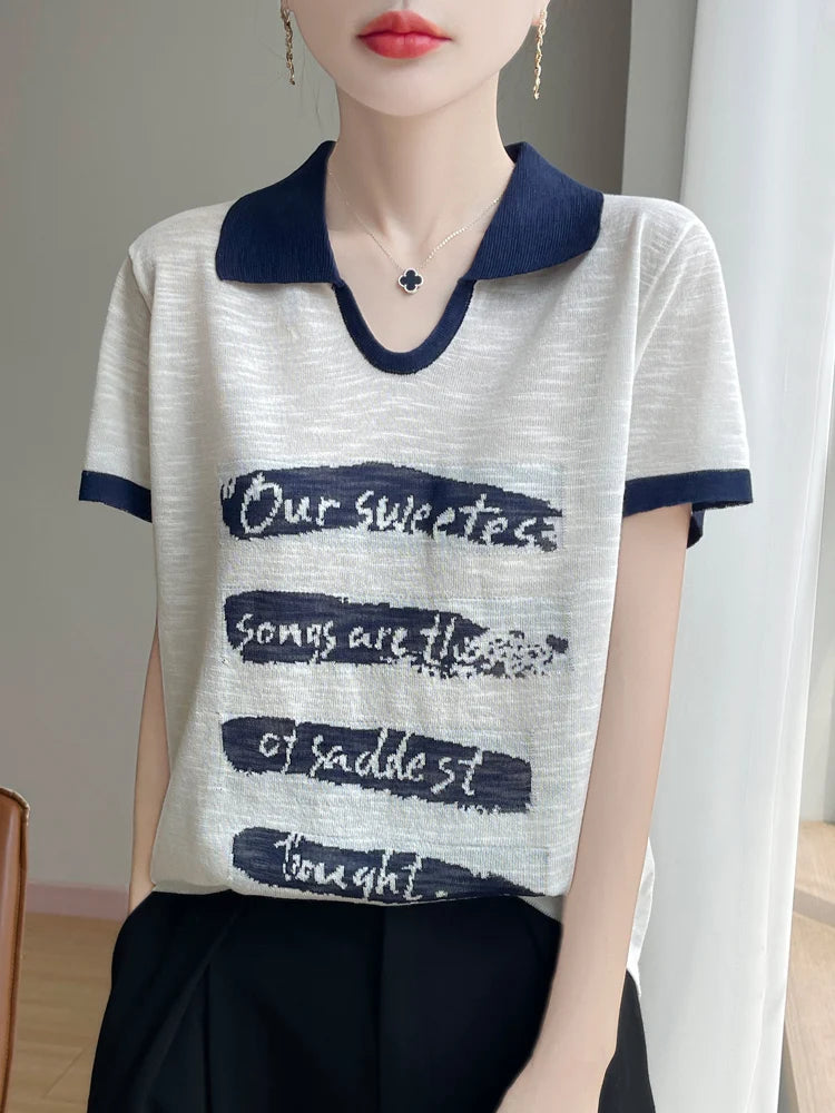 2025 New Large Size Summer Short Sleeve Scissor Collar T-Shirt Women High Grade T-Shirt Fashion Comfortable Leisure T-Shirt Tops