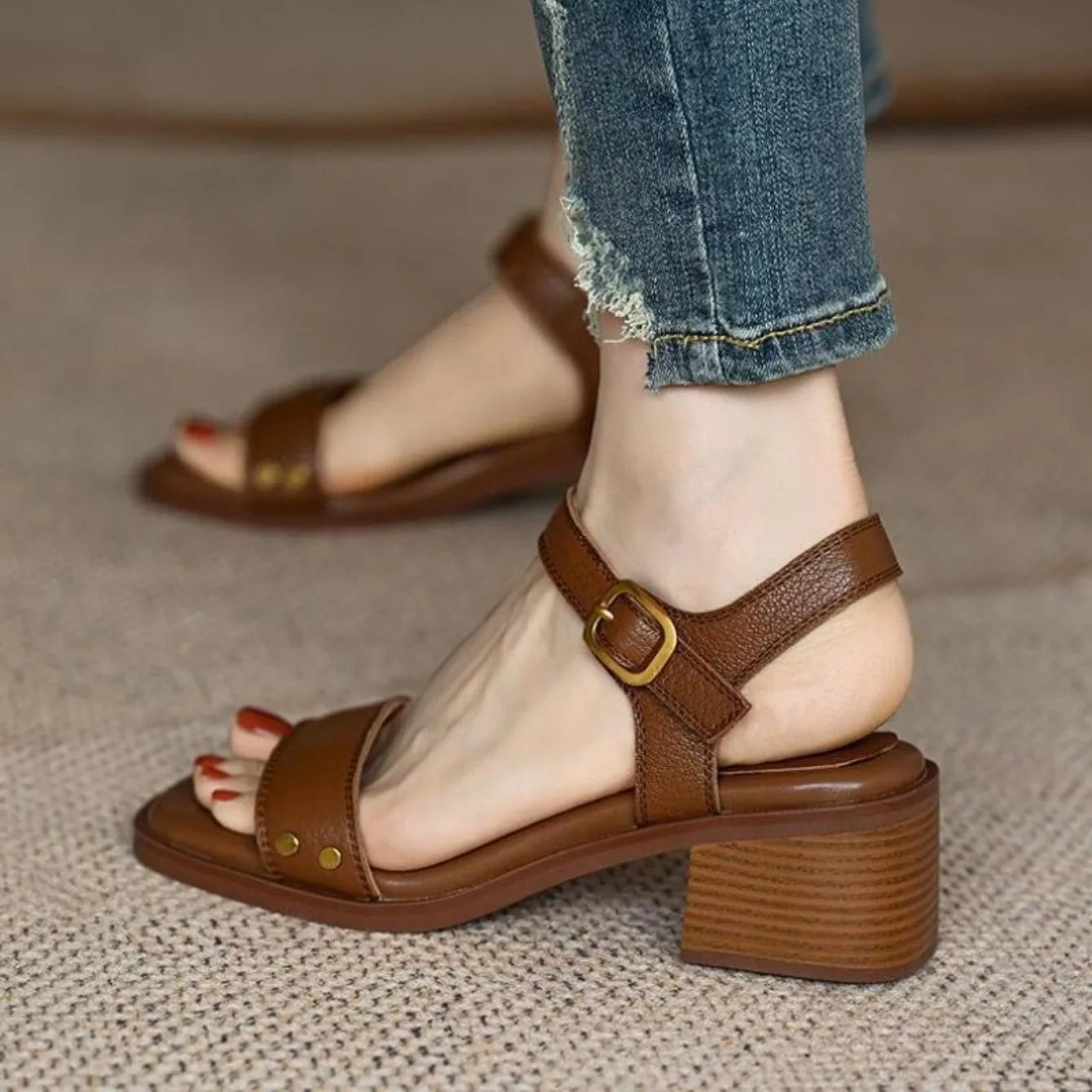Women Sandals Summer Real Soft Leather Thick Heel Vintage Brown Sandals Women Cross One Line Strap High Heels Mary Jane Shoes