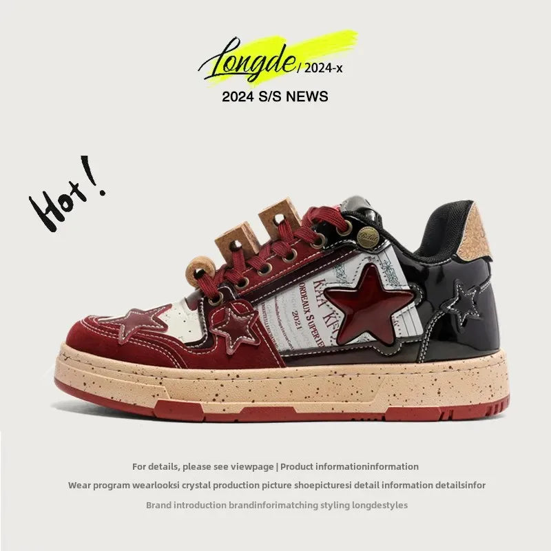 Trendy Red Wine Star Shoes 2024 Spring New Men's Casual Shoes Versatile Vintage Couple Shoes Male Genuine Leather Footwear
