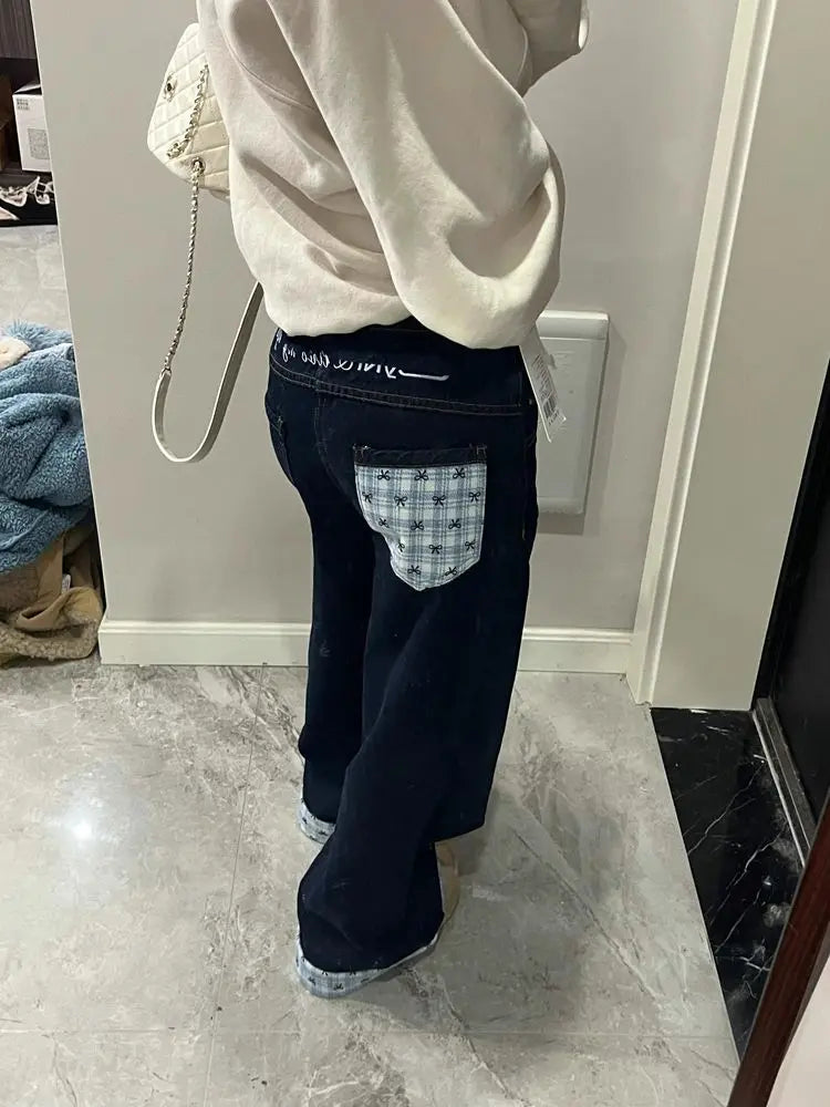 High Waist Turn-Up Wide Leg Straight Denim Pants Women Summer Japanese High Street Bow Knot Plaid Design Casual Patchwork Jeans