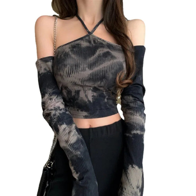 Tie-dye Long-sleeved T-shirt Women Slimming One-word Neck Off Shoulder Halter Short Top Summer Y2K Goth Backless Sexy Crop Tops