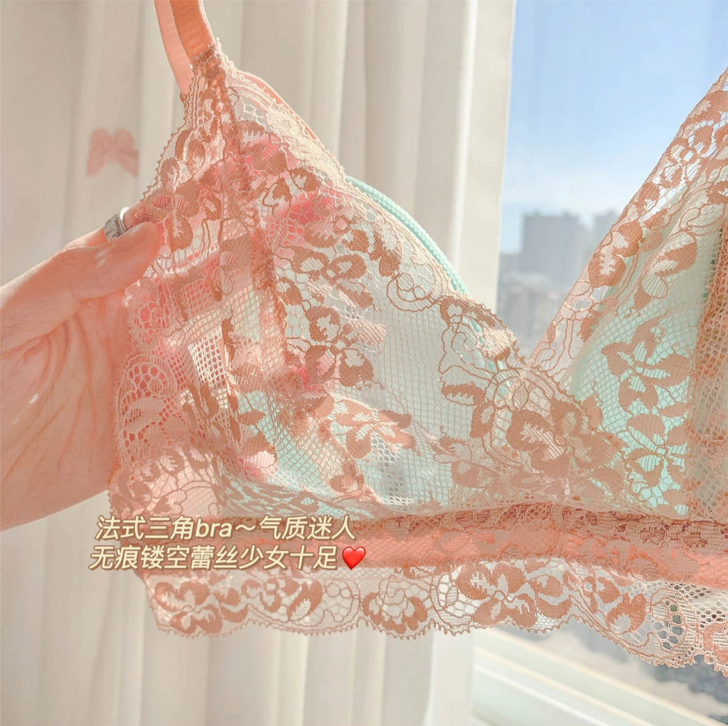 French Style Sexy Bras Hollow Lace Push Up Seamless Underwear Wireless Lingerie Intimates Triangle Cup Brassiere Soutien Gorges