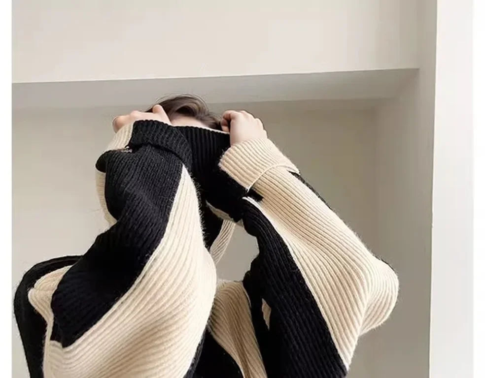 High-crowned Lazy Style Black White Stripe Wool Coat Women Autumn Winter Outdoor Warm Soft Cover Knitted Top Thick