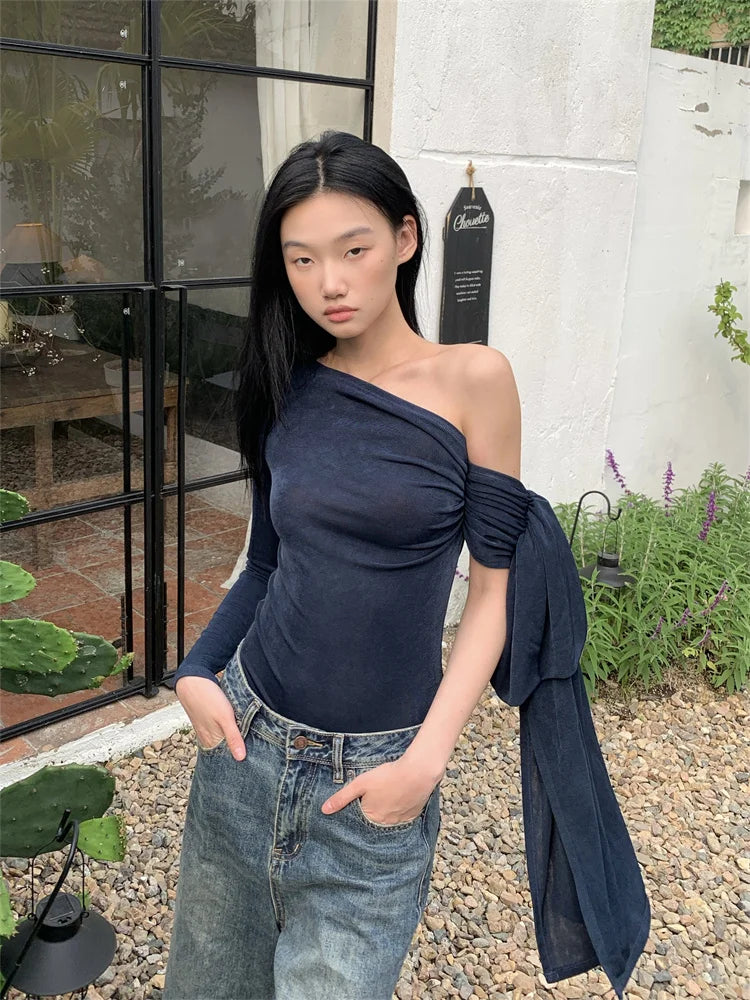 CHEERART Off The Shoulder Designer Top For Women 2024 Long Sleeve T Shirt Fashion Tees Kintted Top Fall Clothes