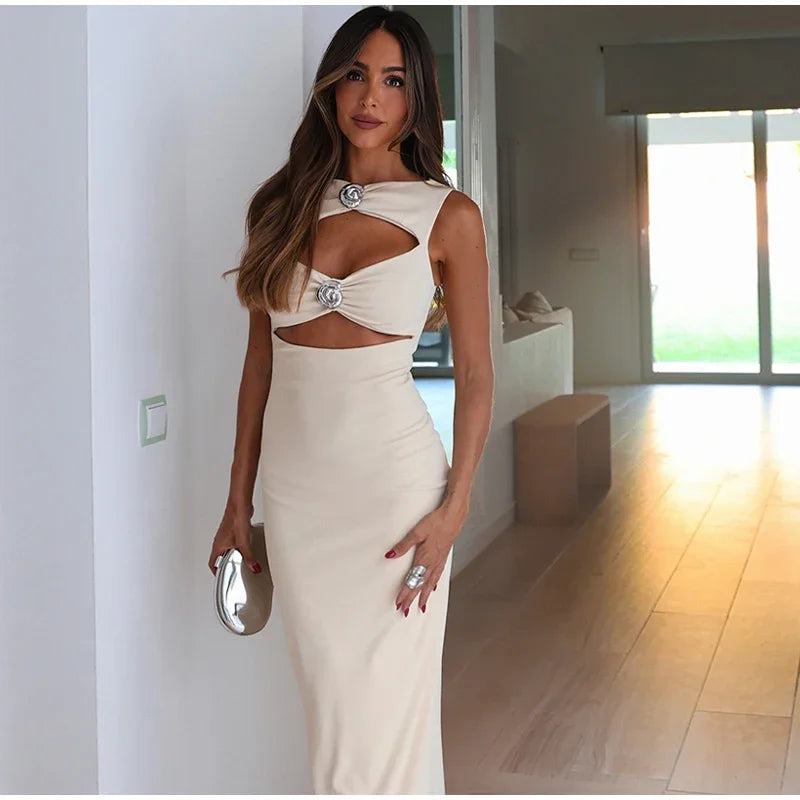 Fashion Hollow Out Strapless Long Dress For Women Elegant  Sleeveless Slim Bodycon Evening Party Dress Female Club Chic Vestidos