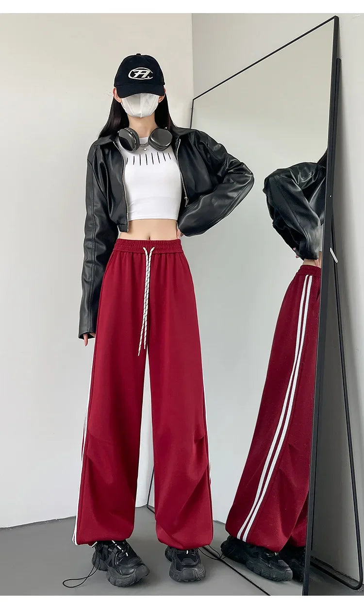 New 2025 American Stripe Sports Pants Women's Spring Autumn Wide Leg Loose Jazz Dance Casual Parachute Long Trousers