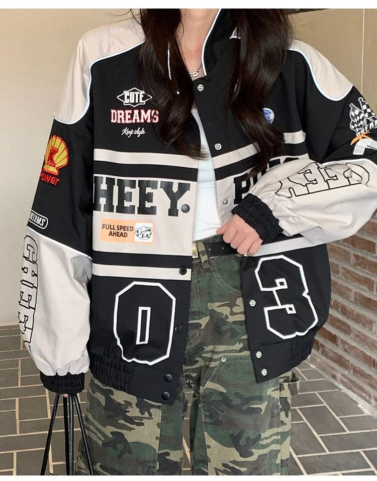2023 Y2k Red White Bomber F1 Jacket Women Men Biker Racer Jacket Retro Hip Hop Grunge Clothes Trend Oversize Windbreaker Varsity