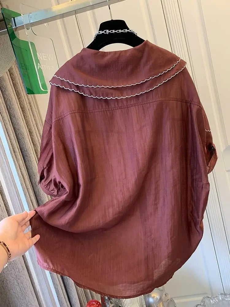 Double Peter Pan Collar Korean Loose Women tops Shirts Lantern Sleeve Shirts Summer Casual Blouse Girls New 2025