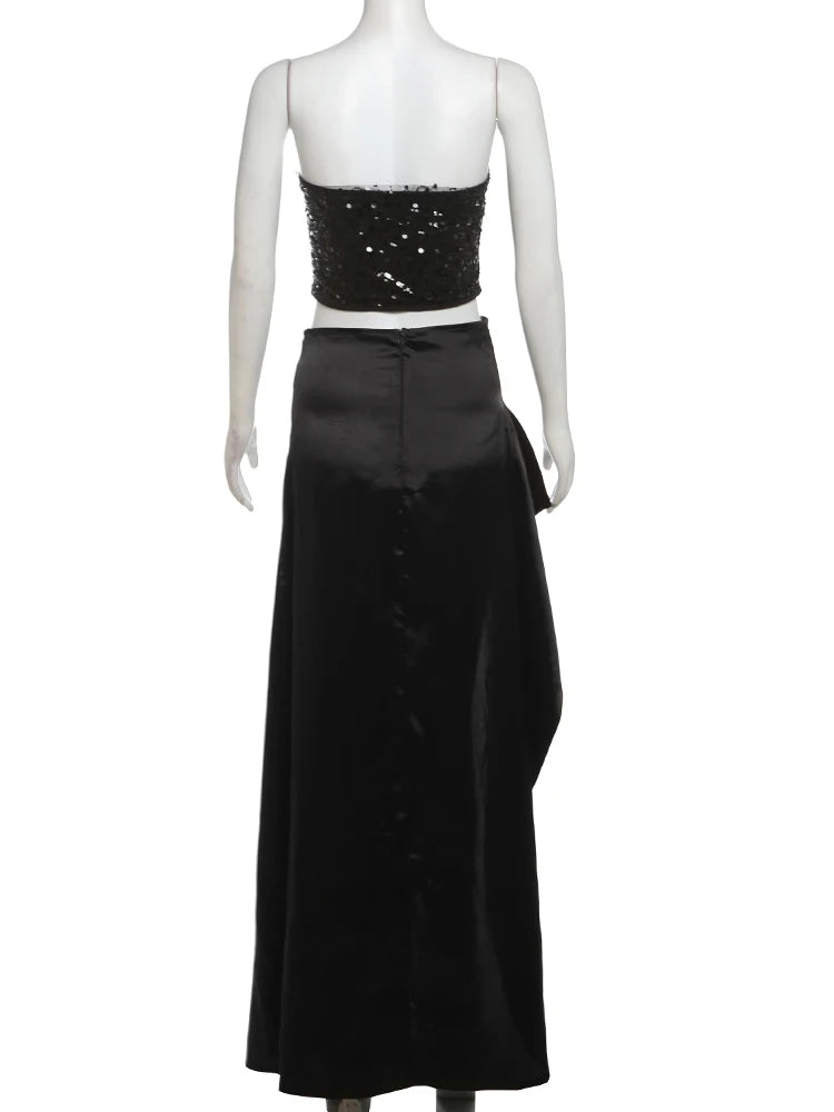 Weird Puss Prom Elegant 2 Piece Set Women Sequins Patchwork Backless Tube Tops+Ruched Slits Long Skirts Matching Sexy Trend Suit