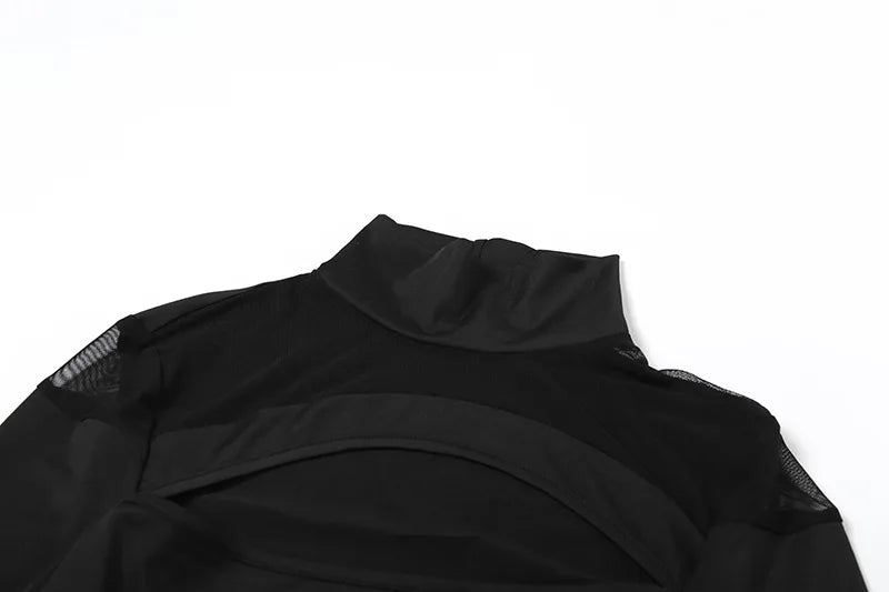 Goth Dark Hollouw Out Long Sleeve Skinny Bodysuit Women Y2K Grunge Mesh Patchwork Playsuits Mall Goth Fashion Street Bodysuits