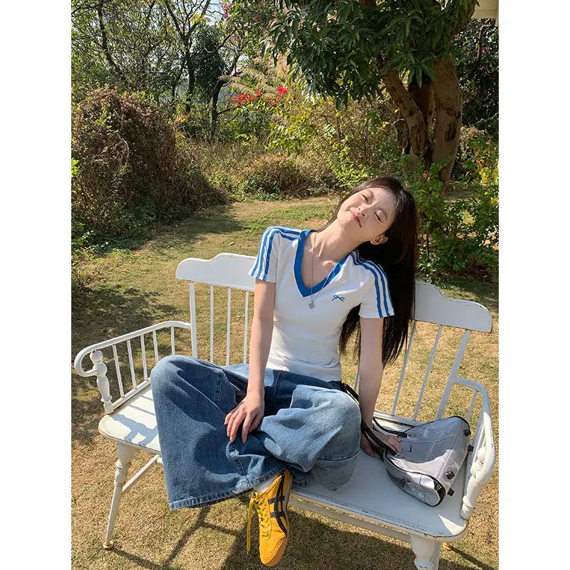 Women Clothing Summer Fashion Casual Striped Color Blocking V-neck Ladies Ladies Simplicity All-match Appear Thin Short Sleeve