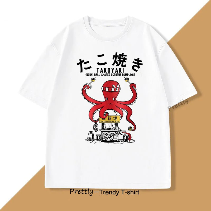 Japanese Takoyaki T-Shirt Octopus Balls Tshirt Street Food Lover Graphic T Shirts Anime Cotton Loose Top Oversized Clothes Top