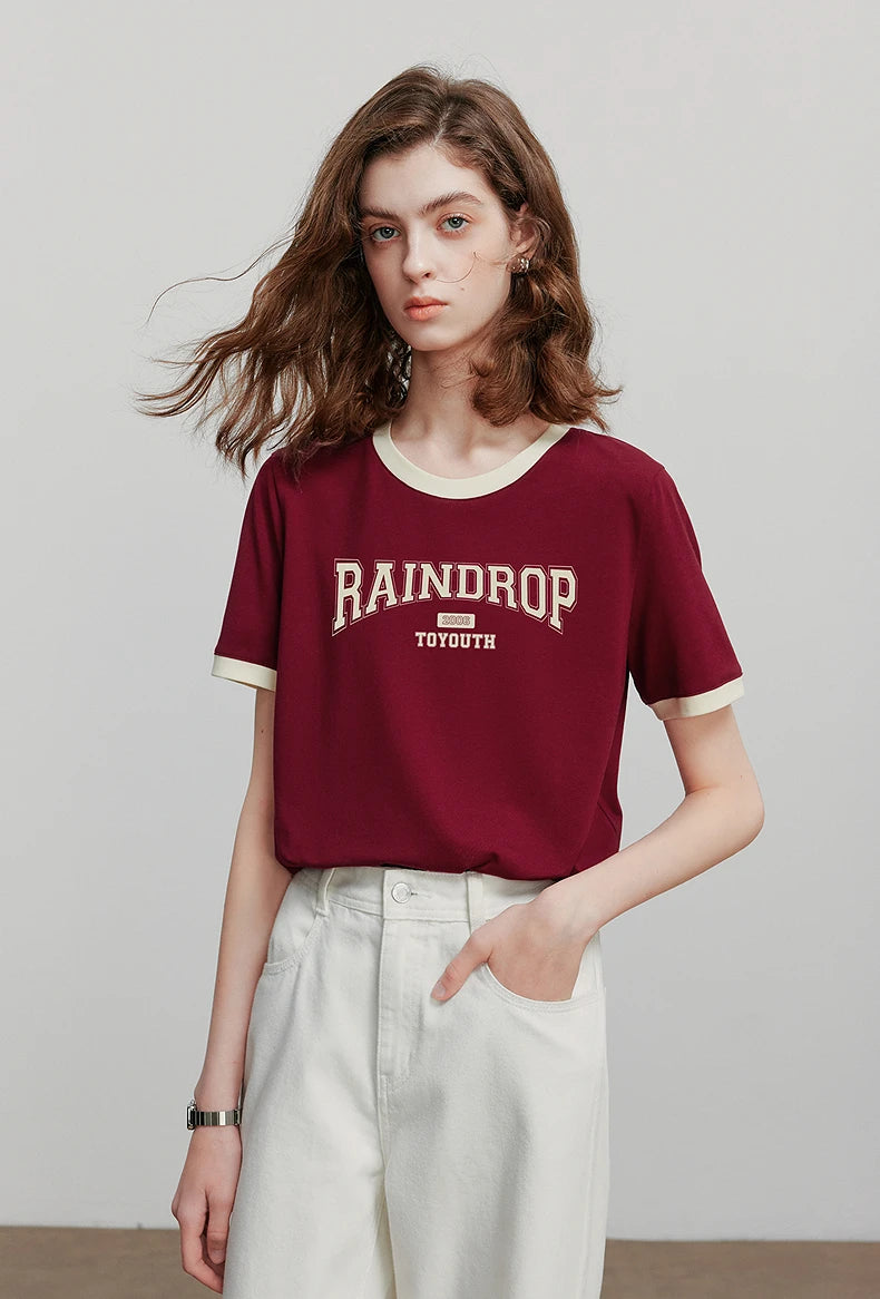 TOYOUTH Women Short Sleeve T shirt 2025 Summer New Color Blocked Letter American Style Antibacterial Cotton Tops GT5210004