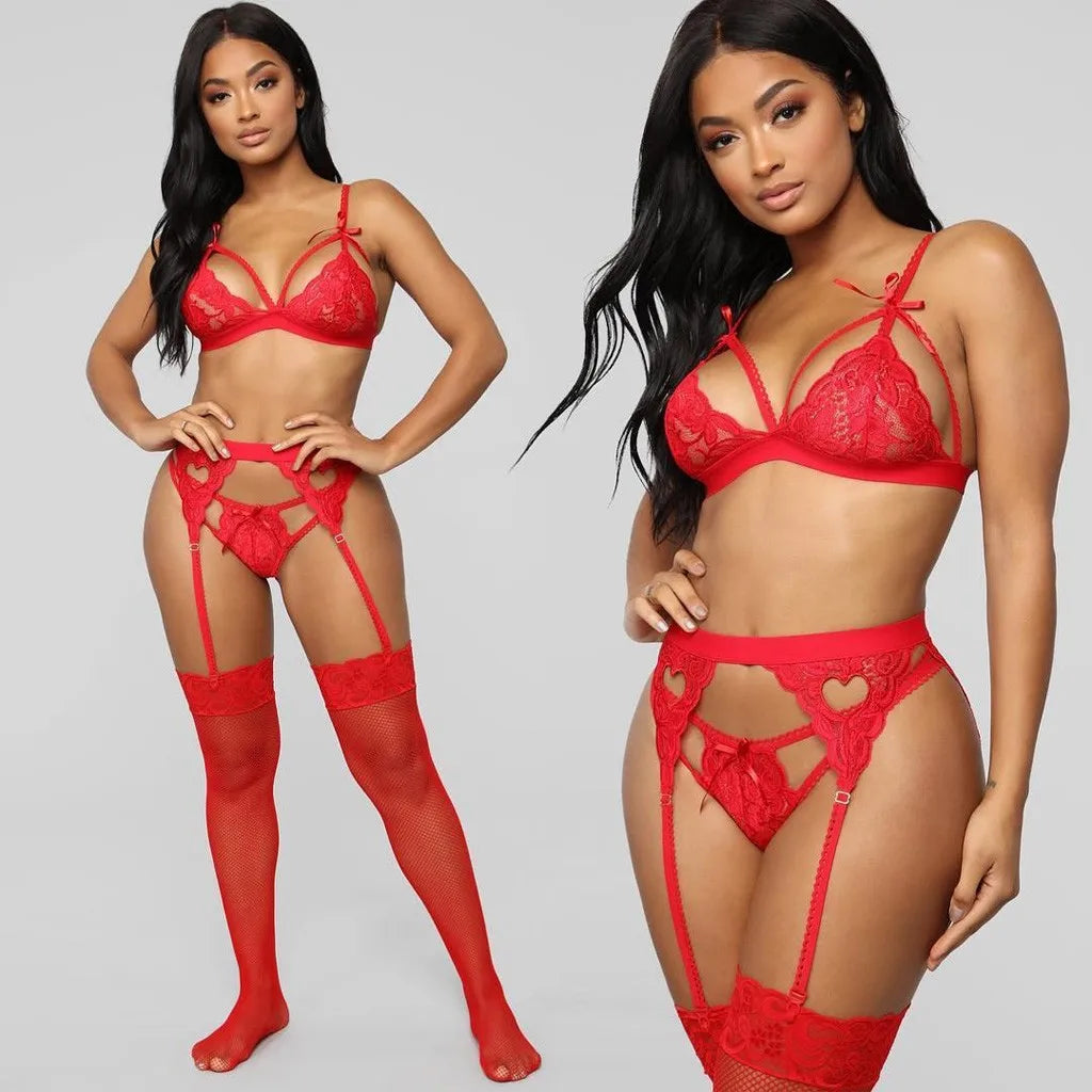 Leechee Sexy Women's Underwear Floral Lace Lingerie Set With Garter Black Wire Free Brassiere Transparent Underwear Bra Sets