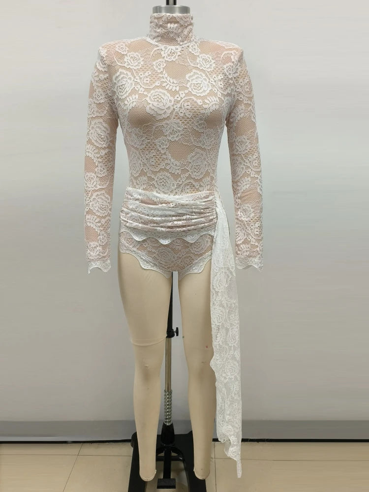 2024 New Autumn White Black Women Sexy Long Sleeve Lace Bodycon Draped Bodysuit Fashion Performance Costume Stage Wear