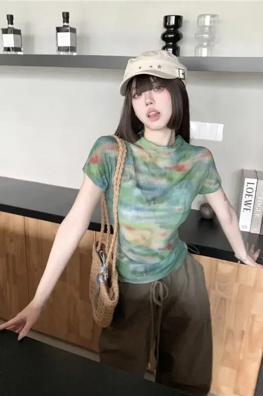 Turtleneck Woman Tops Tie DyeT Shirt for Women Japanese Vintage Fashion Korean Reviews Many Clothes Harajuku Clearance Basic