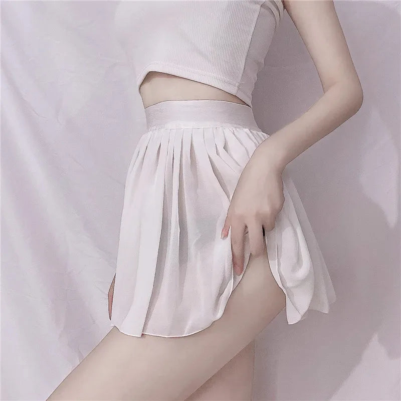 FREEAUCE Elastic See Through A-Line Pleated Mini Skirts Solid Black Sexy Long High Waisted White Lace Short Skirt for Women