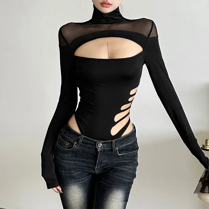 Goth Dark Hollouw Out Long Sleeve Skinny Bodysuit Women Y2K Grunge Mesh Patchwork Playsuits Mall Goth Fashion Street Bodysuits