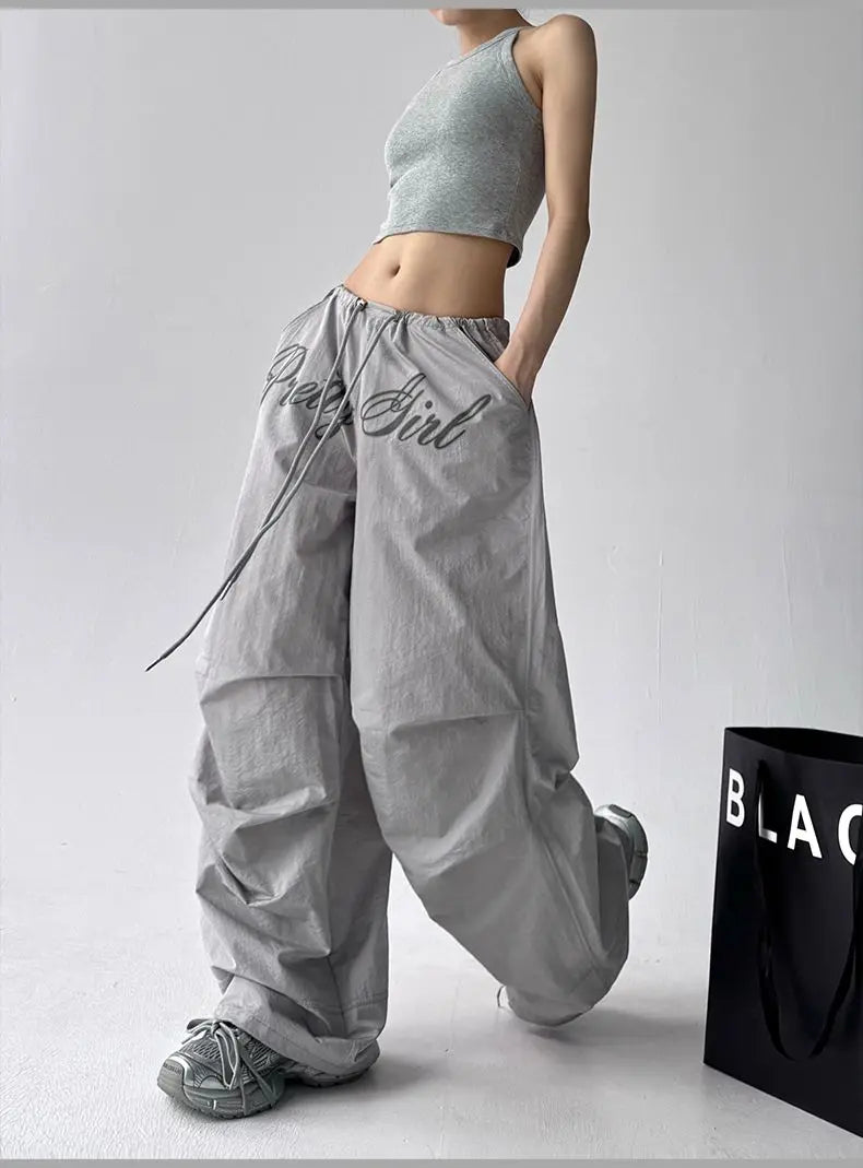 American retro black printed Spice Girls Street Dance Scimitar Pants Women's Loose Design Splicing Summer New Wide Leg Pants