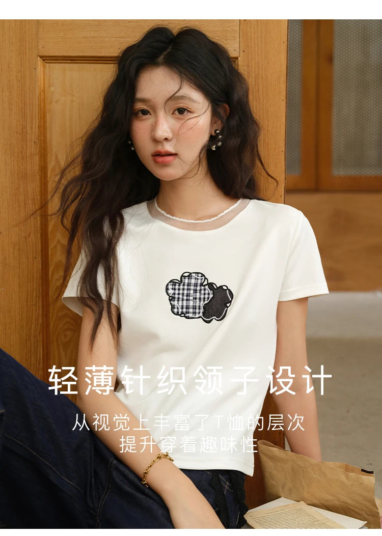 MISHOW Lace Edge Splicing Short Sleeve T-shirt for Women 2025 Summer Female Round Neck Simple Top Women's Clothing MXE38T0630