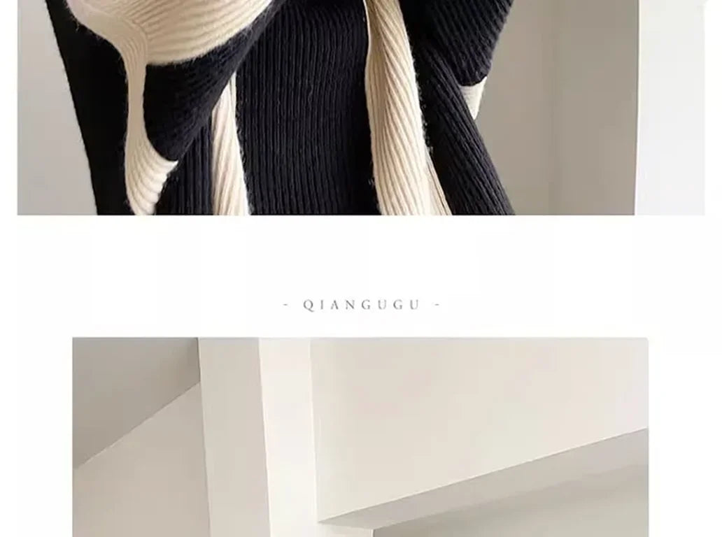 High-crowned Lazy Style Black White Stripe Wool Coat Women Autumn Winter Outdoor Warm Soft Cover Knitted Top Thick