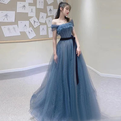 New greydish blue long sweat lady girl women princess bridesmaid banquet party prom dress gown